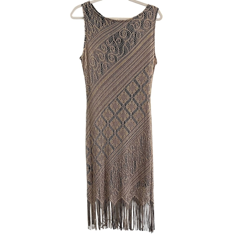 90's Vintage M‎ Studio Taupe & Black Crochet Fringe Fitted Dress Women's Sz Sm